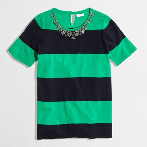 J. Crew Sweaters - J.Crew Navy Blue and Green Stripe Bejeweled Merino Wool Short Sleeve Sweater, XS